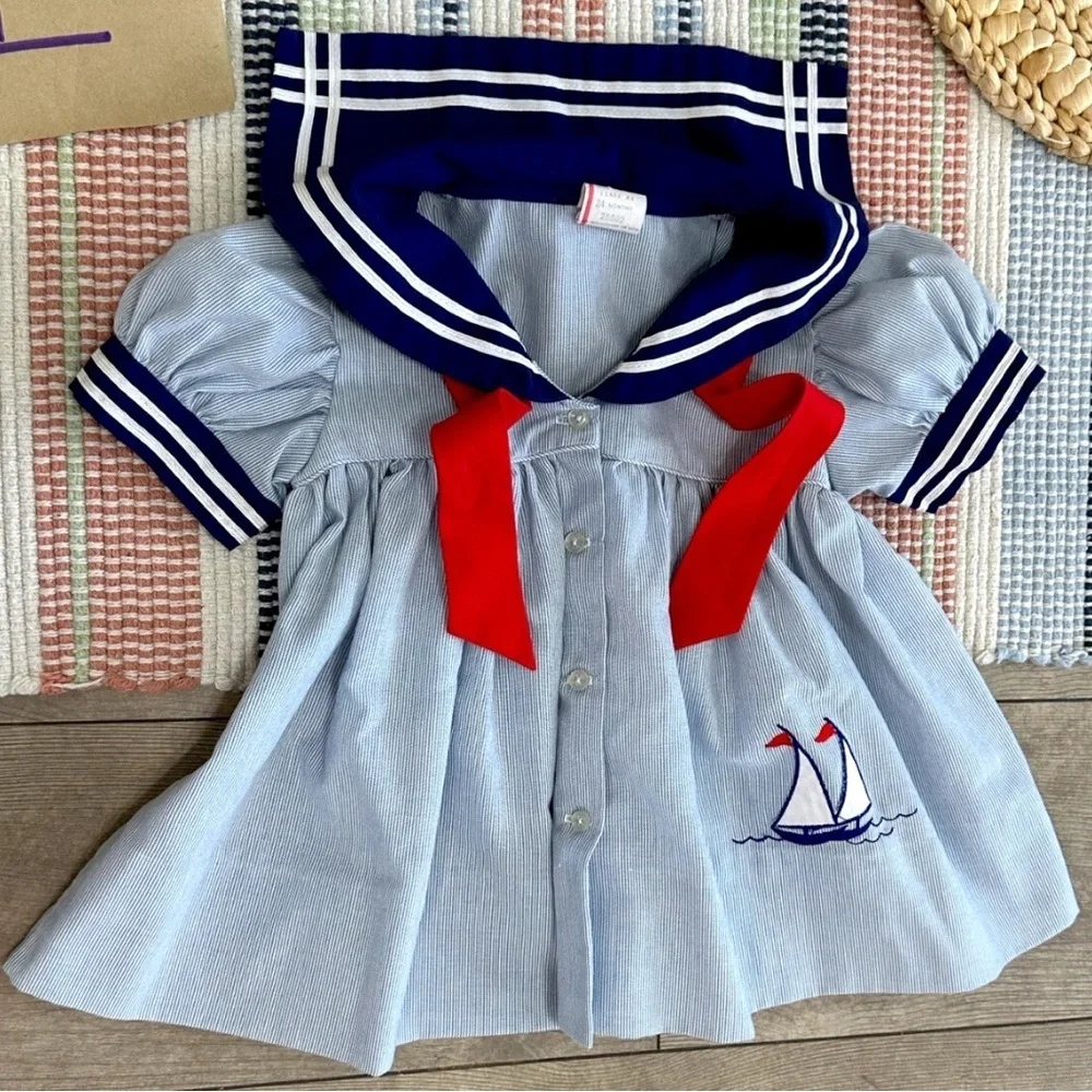 Vintage Nautical Sailor Dress Embroidered Sailboat 24 Months Baby Toddler Girl